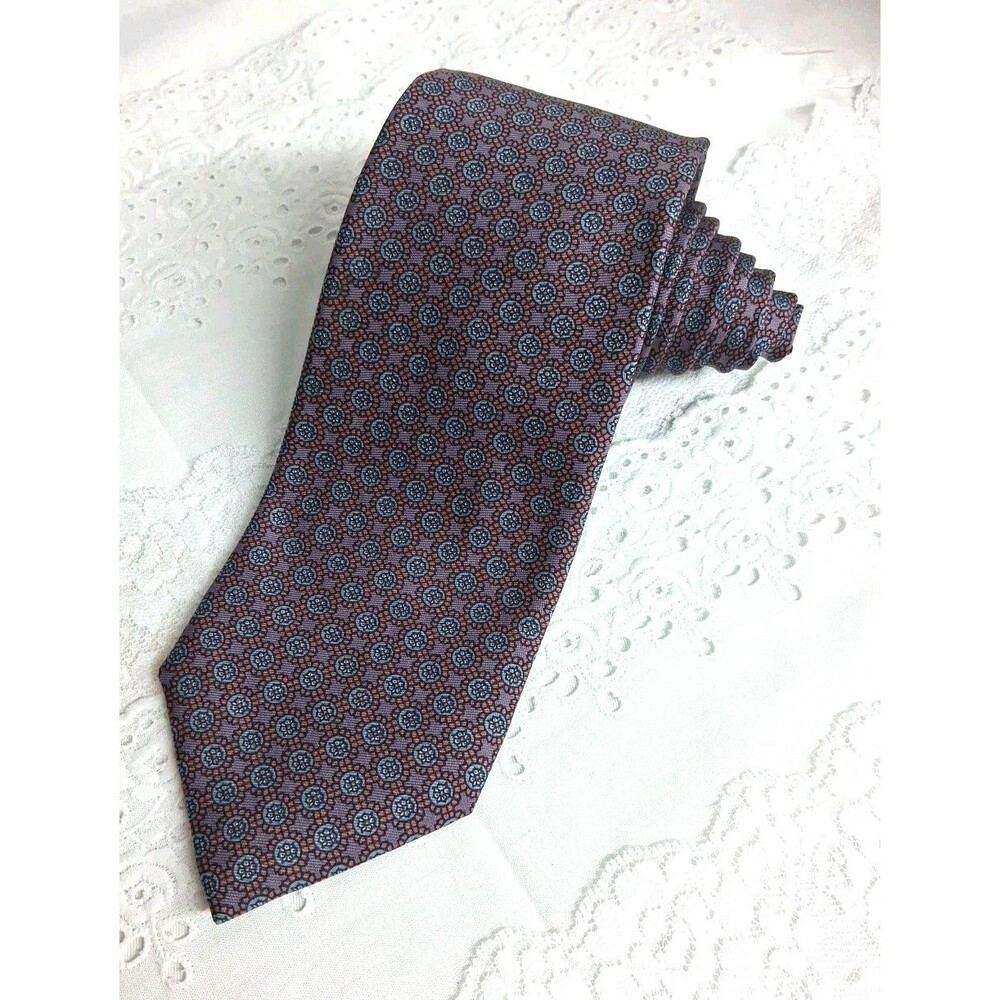 Vtg. Ferrell Reed Mens Tie Purple Foulard Medallion Silk Handmade In USA